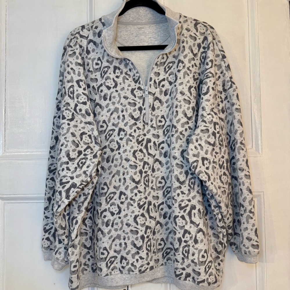 Aerie Gray Leopard Print Quarter-Zip Sweatshirt - XL